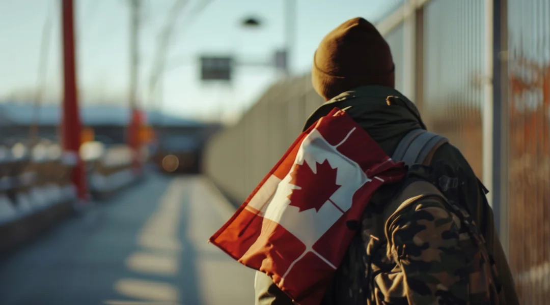 Một người đàn ông mang cờ Canada đi bộ trên lối đi, thể hiện niềm tự hào về kế hoạch nhập cư Canada 2026.