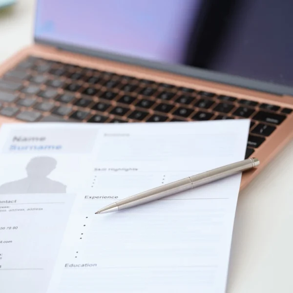 Resume on a desk alongside a pen and laptop, indicating job application efforts in Canada.